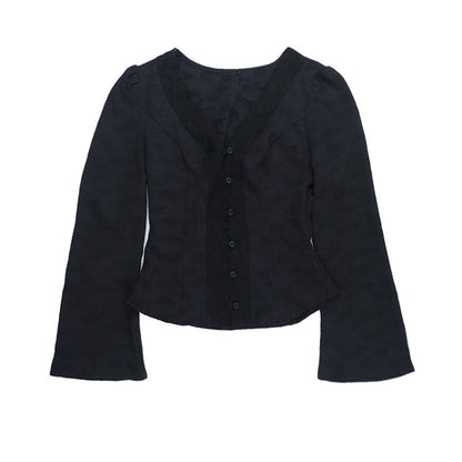 V neck button long sleeve lace hem top  | Festival Outfits Women