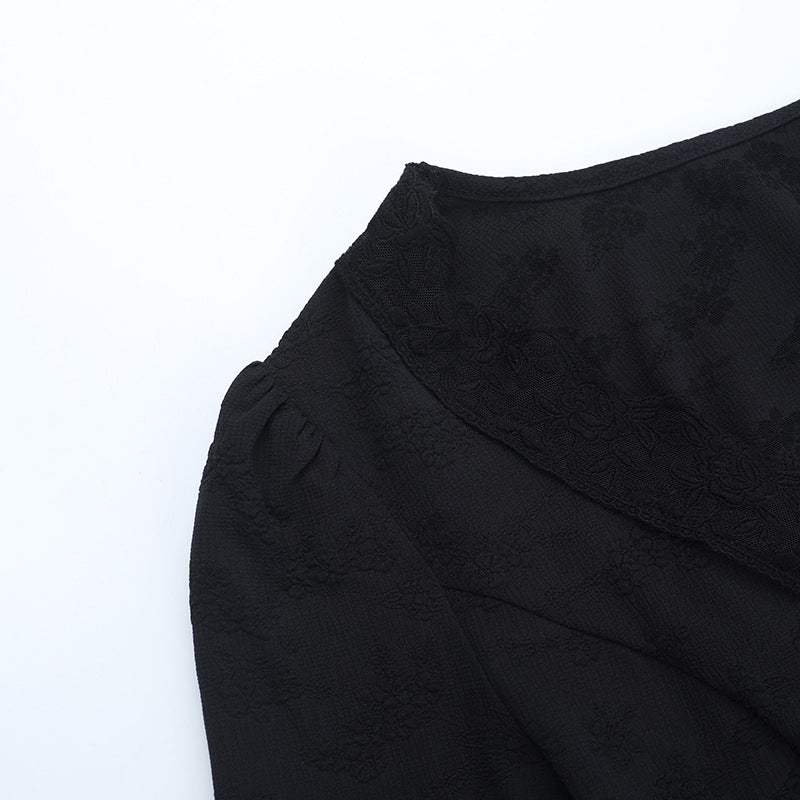 V neck button long sleeve lace hem top  | Festival Outfits Women