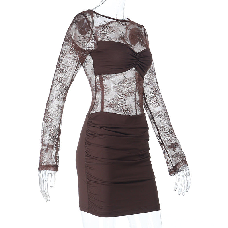 Long sleeve ruched lace zip-up mini dress  | Festival Outfits Women