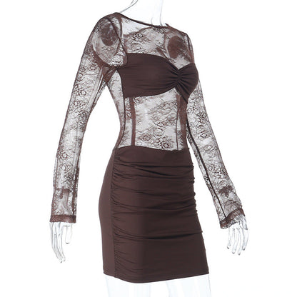 Long sleeve ruched lace zip-up mini dress  | Festival Outfits Women