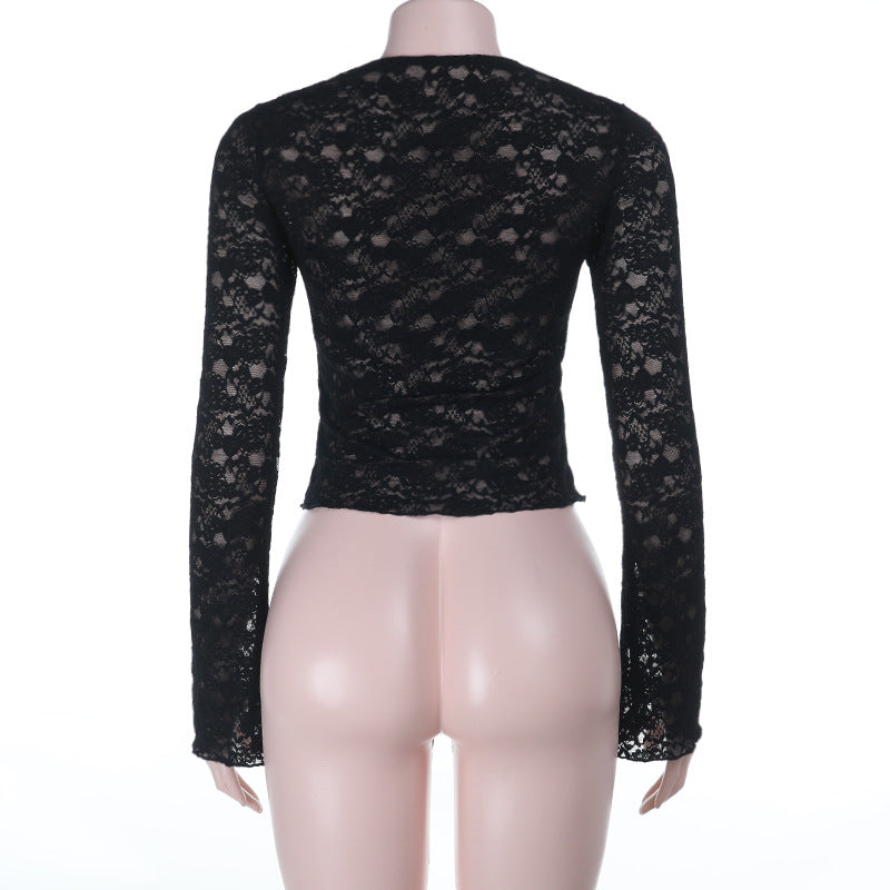 Long sleeve self tie lace crop top  | Festival Outfits Women