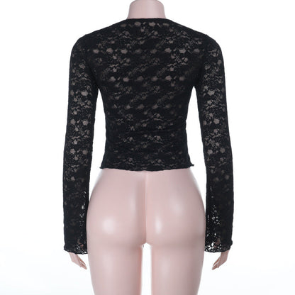 Long sleeve self tie lace crop top  | Festival Outfits Women