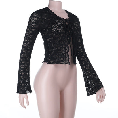 Long sleeve self tie lace crop top  | Festival Outfits Women