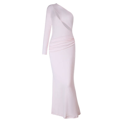 Long sleeve one shoulder hollow out ruched cut out maxi dress  | Festival Outfits Women
