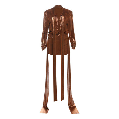 Long sleeve deep v neck metallic mini skirt set  | Festival Outfits Women