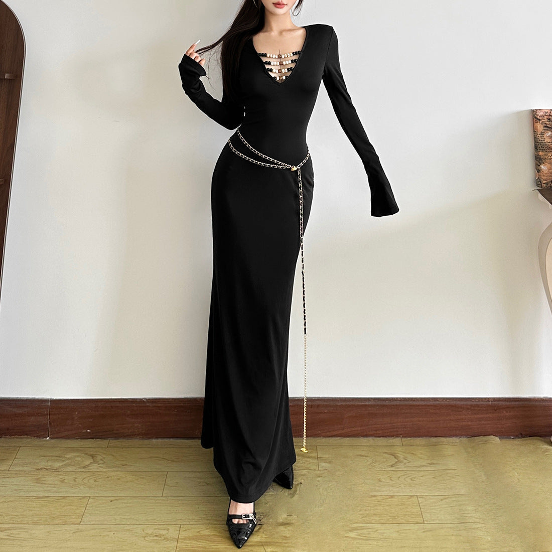 Long sleeve beaded v neck solid maxi dress  | Festival Outfits Women