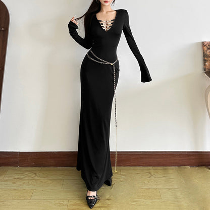 Long sleeve beaded v neck solid maxi dress  | Festival Outfits Women