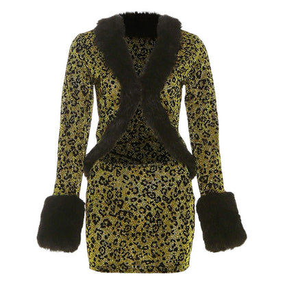 Leopard print fluffy long sleeve mini skirt set  | Festival Outfits Women  | Leopard Print Mini Dress
