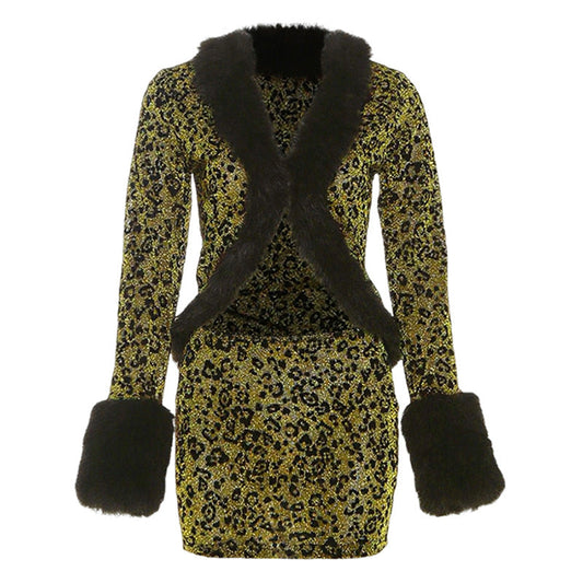Leopard print fluffy long sleeve mini skirt set  | Festival Outfits Women  | Leopard Print Mini Dress