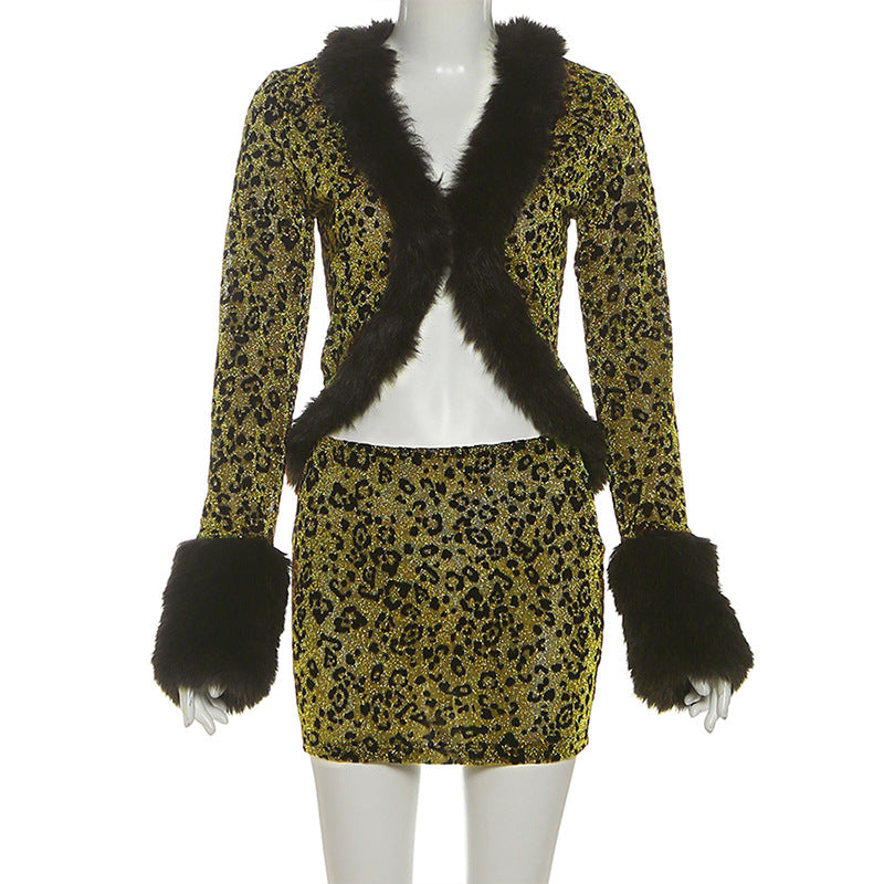 Leopard print fluffy long sleeve mini skirt set  | Festival Outfits Women  | Leopard Print Mini Dress