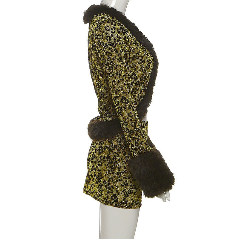Leopard print fluffy long sleeve mini skirt set  | Festival Outfits Women  | Leopard Print Mini Dress