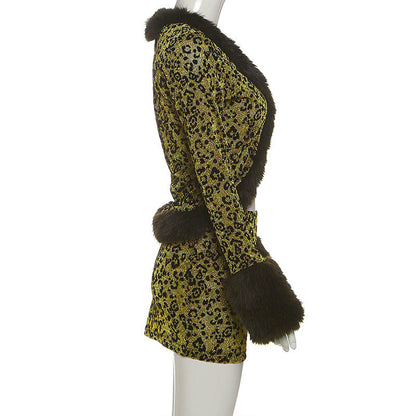 Leopard print fluffy long sleeve mini skirt set  | Festival Outfits Women  | Leopard Print Mini Dress