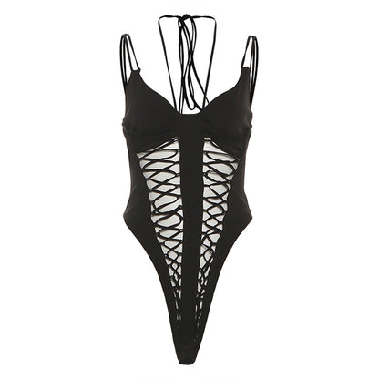 V neck self tie hollow out cami bodysuit  | Festival Outfits Women