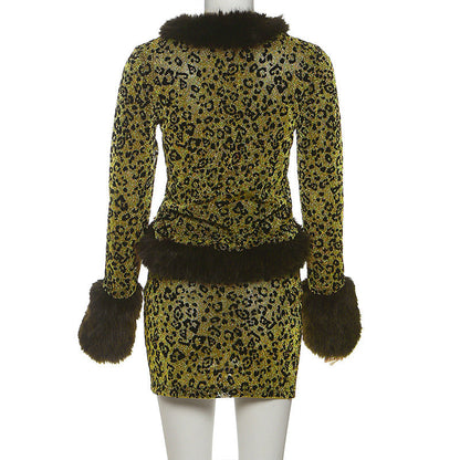 Leopard print fluffy long sleeve mini skirt set  | Festival Outfits Women  | Leopard Print Mini Dress