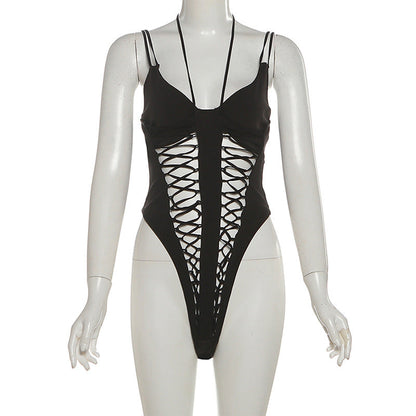 V neck self tie hollow out cami bodysuit  | Festival Outfits Women