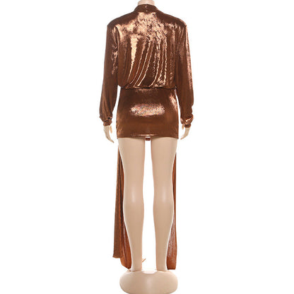 Long sleeve deep v neck metallic mini skirt set  | Festival Outfits Women