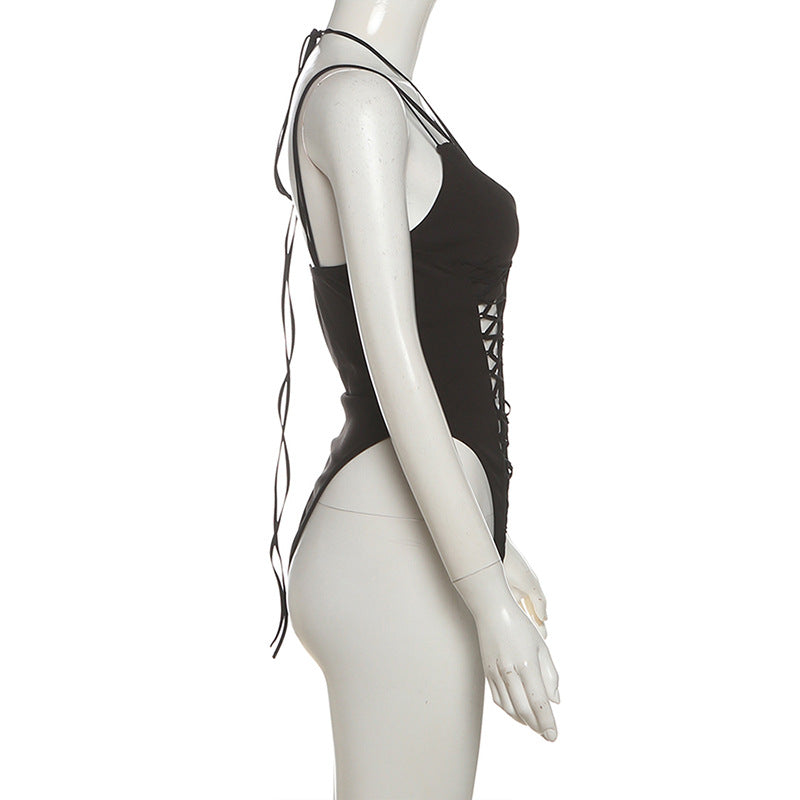 V neck self tie hollow out cami bodysuit  | Festival Outfits Women