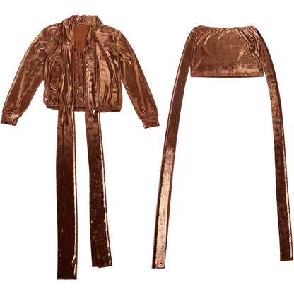 Long sleeve deep v neck metallic mini skirt set  | Festival Outfits Women