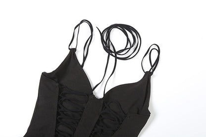 V neck self tie hollow out cami bodysuit  | Festival Outfits Women