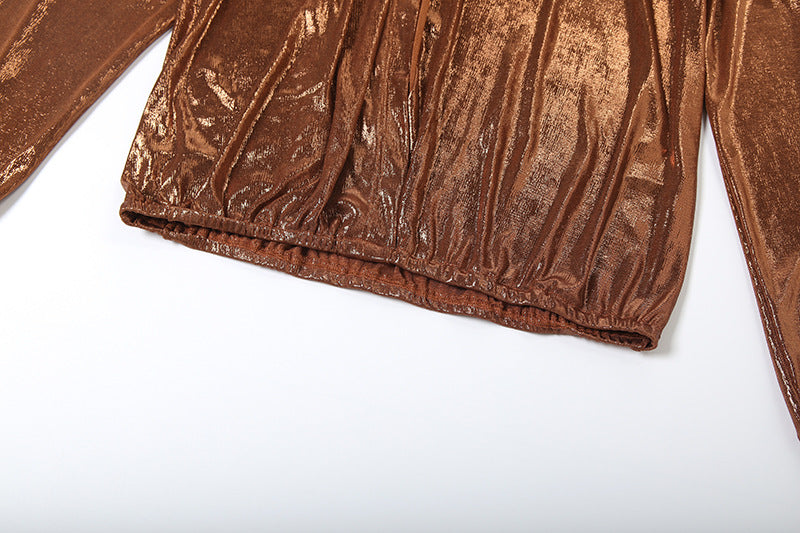 Long sleeve deep v neck metallic mini skirt set  | Festival Outfits Women