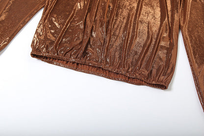 Long sleeve deep v neck metallic mini skirt set  | Festival Outfits Women
