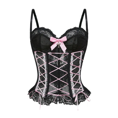 Bowknot button corset lace hem cami top  | Festival Outfits Women