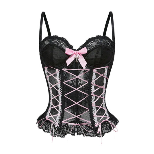 Bowknot button corset lace hem cami top  | Festival Outfits Women