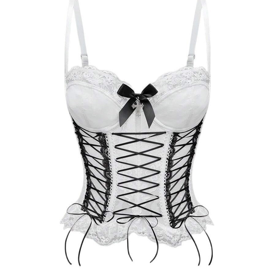 Bowknot button corset lace hem cami top  | Festival Outfits Women