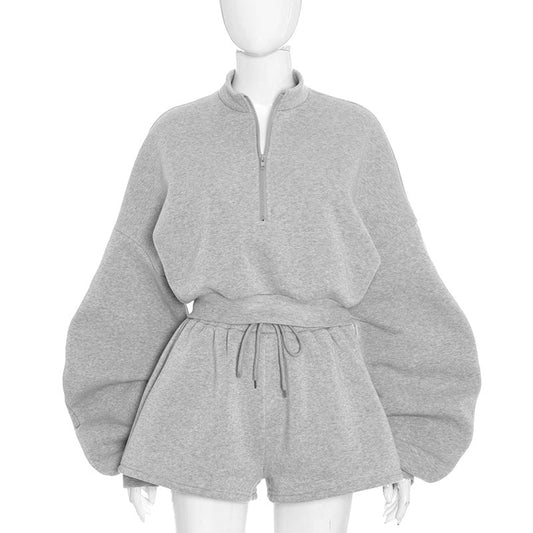 Long sleeve zip-up drawstring short pant set  | Festival Outfits Women
