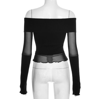 Long sleeve off shoulder ruffle mesh patchwork top  | Festival Outfits Women