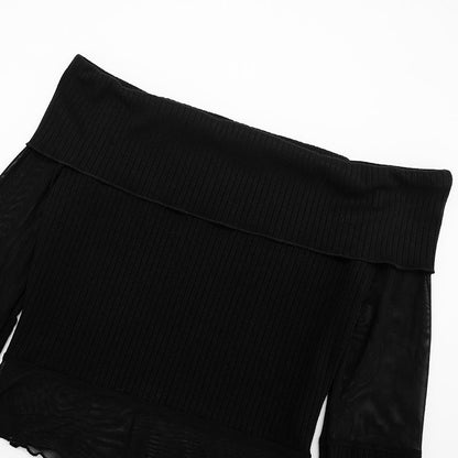 Long sleeve off shoulder ruffle mesh patchwork top  | Festival Outfits Women