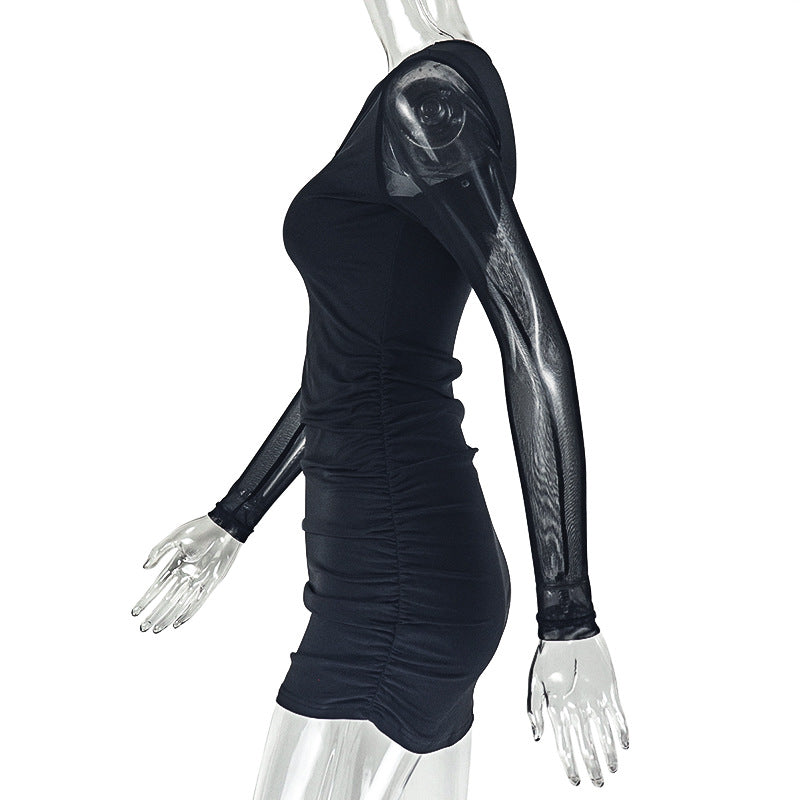 Long sleeve flower applique ruched mini dress  | Festival Outfits Women