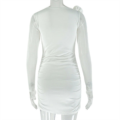 Long sleeve flower applique ruched mini dress  | Festival Outfits Women