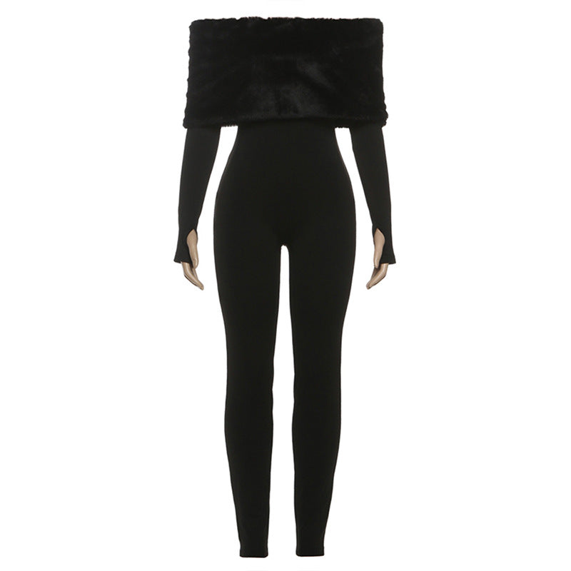 Off shoulder long sleeve fluffy jumpsuit  | Festival Outfits Women