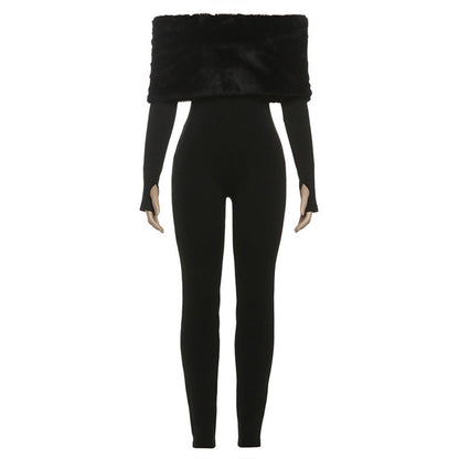 Off shoulder long sleeve fluffy jumpsuit  | Festival Outfits Women