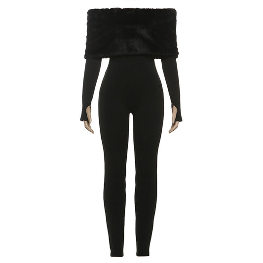 Off shoulder long sleeve fluffy jumpsuit  | Festival Outfits Women