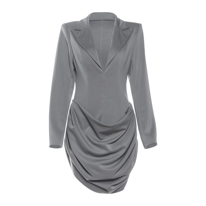 Turnover collar v neck long sleeve ruched mini dress  | Festival Outfits Women