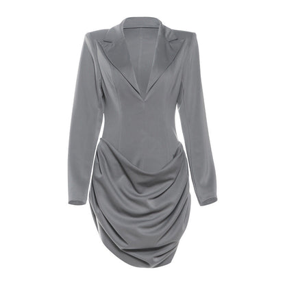 Turnover collar v neck long sleeve ruched mini dress  | Festival Outfits Women