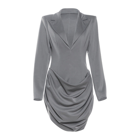 Turnover collar v neck long sleeve ruched mini dress  | Festival Outfits Women