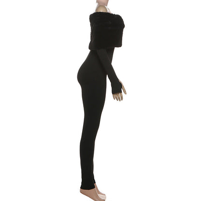 Off shoulder long sleeve fluffy jumpsuit  | Festival Outfits Women
