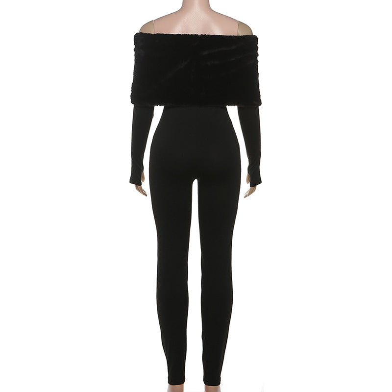 Off shoulder long sleeve fluffy jumpsuit  | Festival Outfits Women