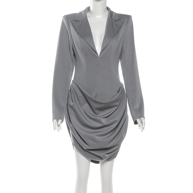 Turnover collar v neck long sleeve ruched mini dress  | Festival Outfits Women