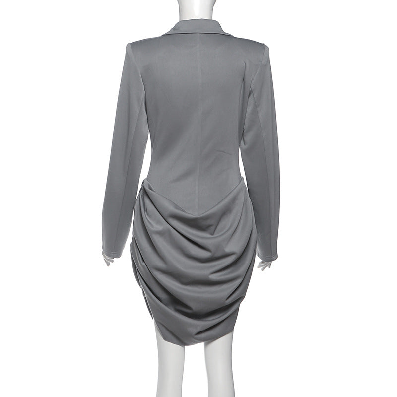 Turnover collar v neck long sleeve ruched mini dress  | Festival Outfits Women