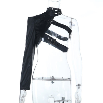 Long sleeve buckle PU leather top  | Festival Outfits Women