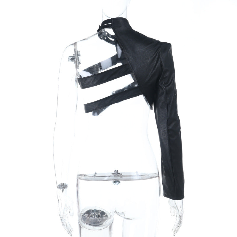 Long sleeve buckle PU leather top  | Festival Outfits Women