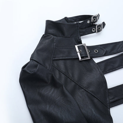 Long sleeve buckle PU leather top  | Festival Outfits Women