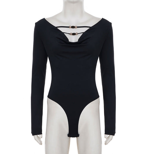 V neck long sleeve beaded solid bodysuit  | Festival Outfits Women