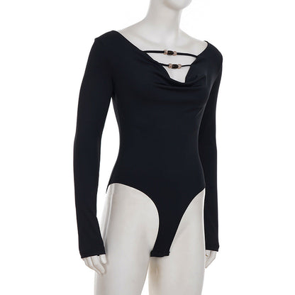 V neck long sleeve beaded solid bodysuit  | Festival Outfits Women