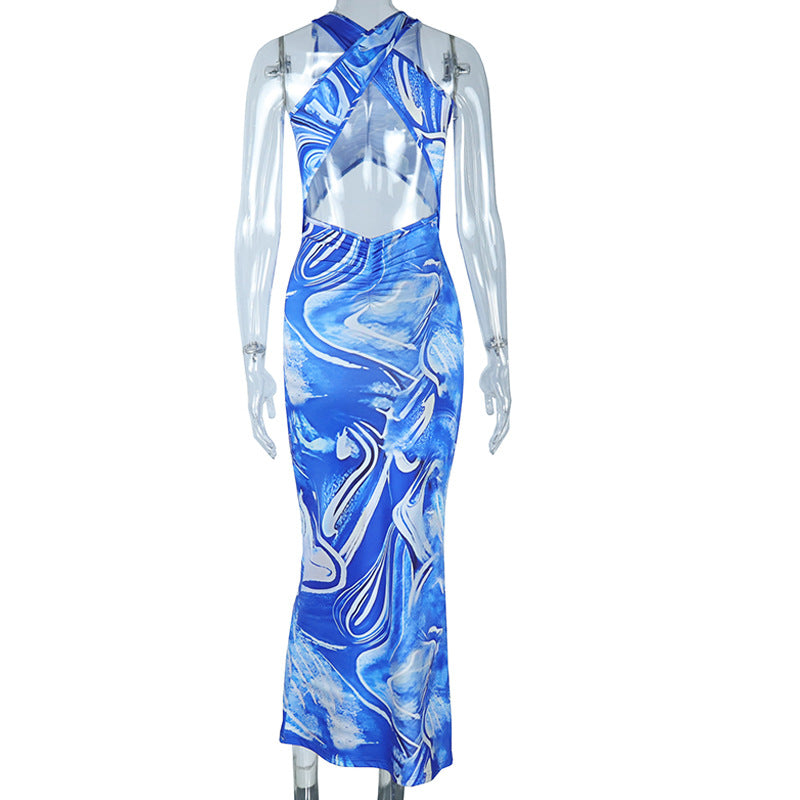 Cross back hollow out ruched print cut out maxi dress  | Festival Outfits Women