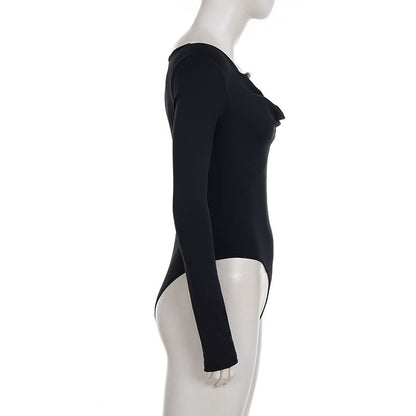 V neck long sleeve beaded solid bodysuit  | Festival Outfits Women